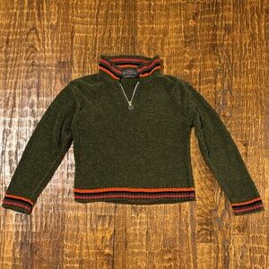 Checker Spirit Green Half Zip Sweater Kids Medium | Chenille Knit Stripe Trim